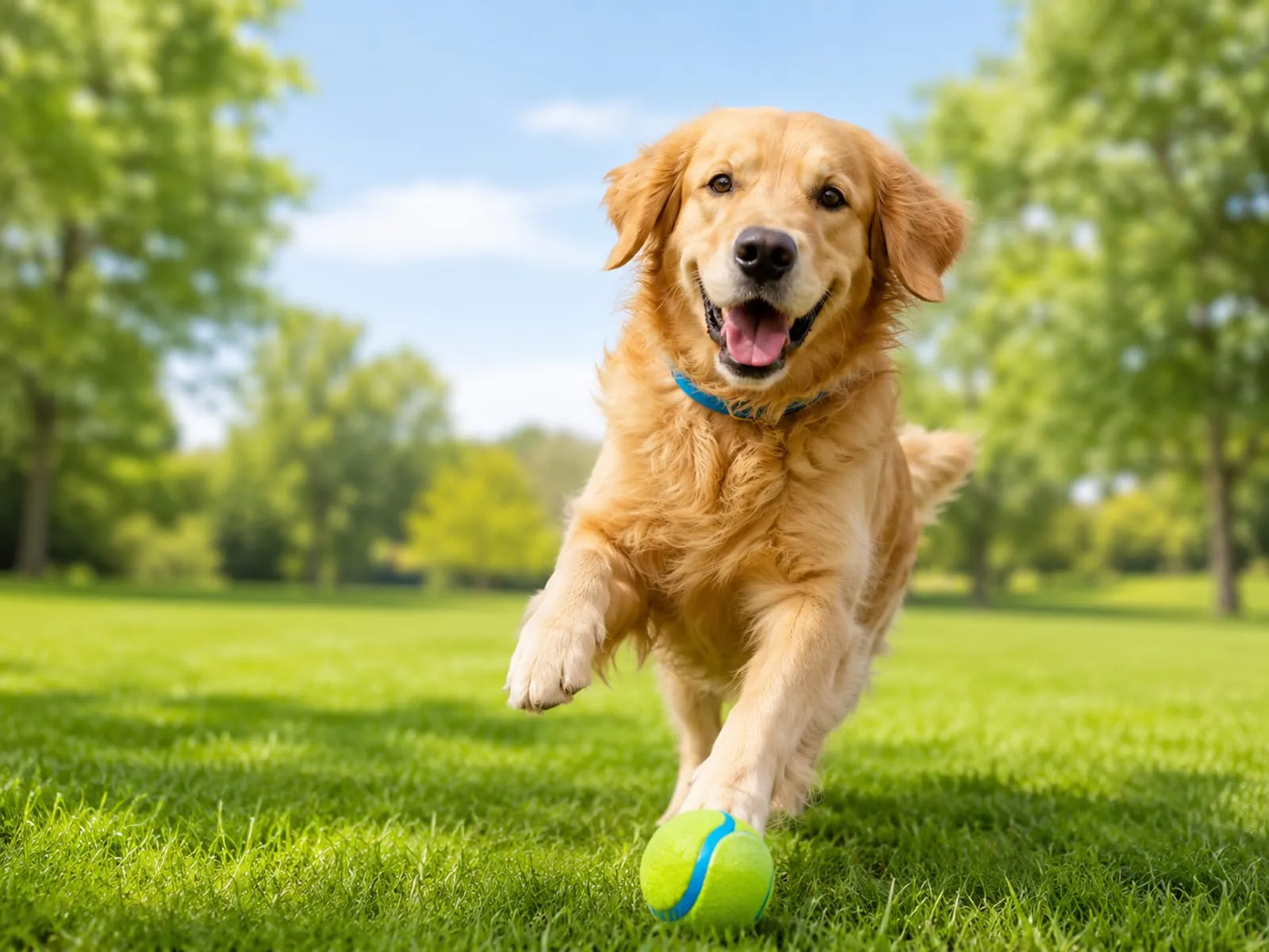 Câine Golden Retriever alergând cu o minge de tenis pe iarbă într-o zi însorită
