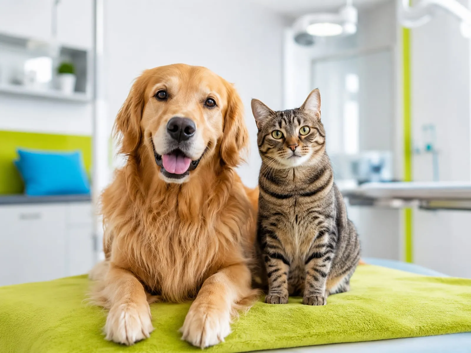 Câine Golden Retriever și pisică tigrată în cabinetul veterinar LazVet